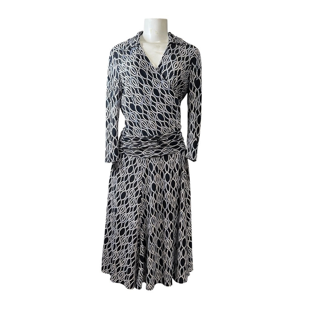 Adrianna Papell Dress V Neck Dot Chain Ruched Long Sleeve Sz 6 Office Siren Fall